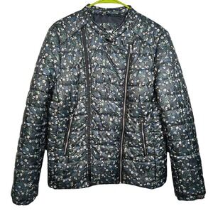 Skylar + Jade Floral Puffer Moto Jacket Zip Pockets Streetwear Blue Green Sz XL